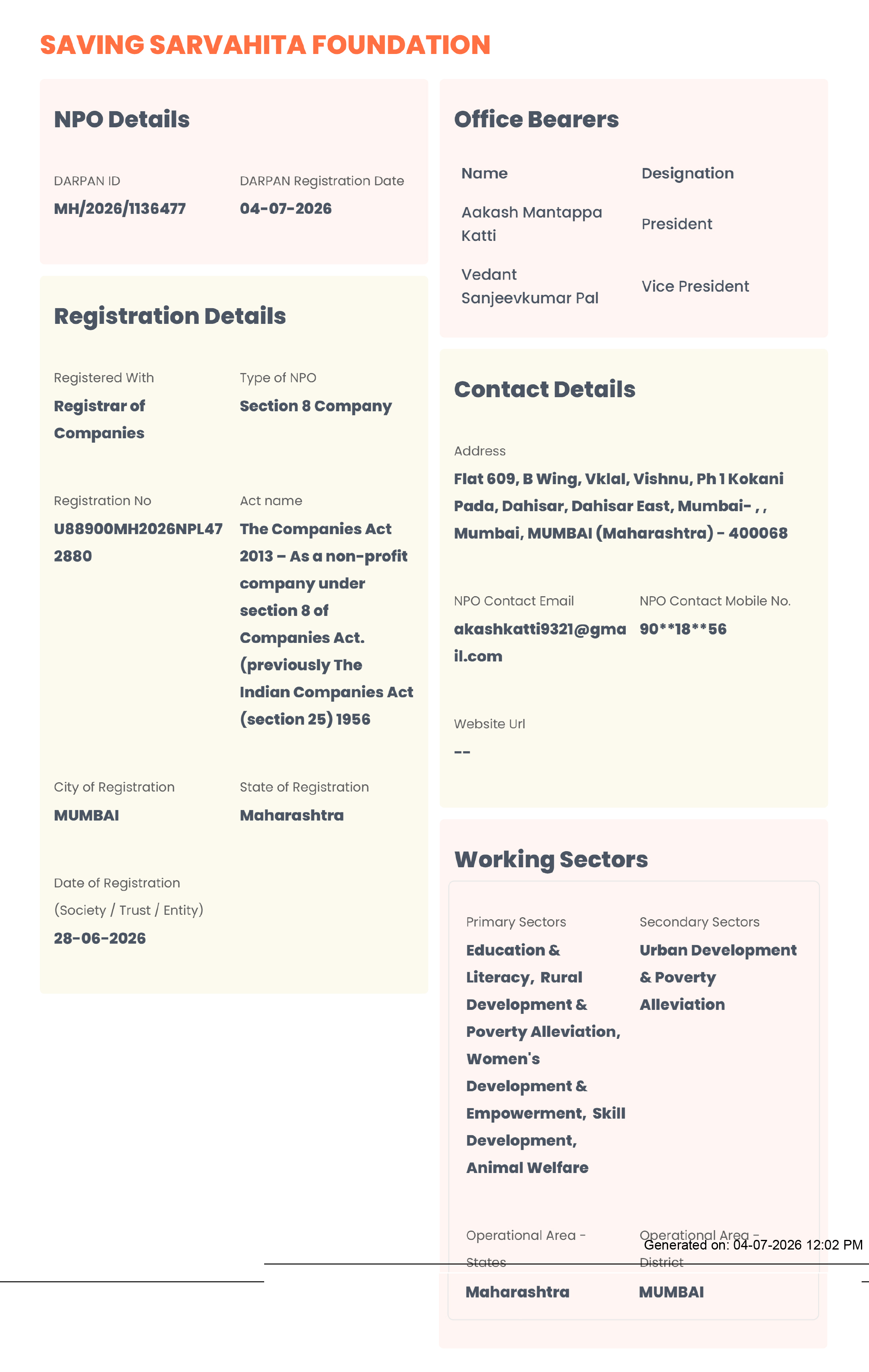 NITI Aayog NGO Darpan Registration Certificate